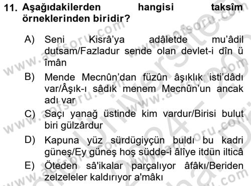 Eski Türk Edebiyatına Giriş: Söz Sanatları Dersi 2024 - 2025 Yılı (Vize) Ara Sınav Soruları 11. Soru