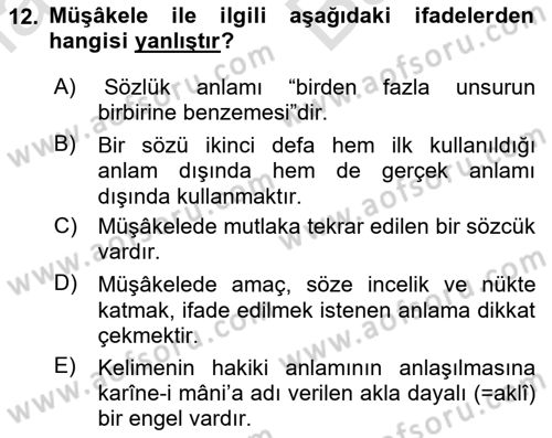 Eski Türk Edebiyatına Giriş: Söz Sanatları Dersi 2024 - 2025 Yılı (Vize) Ara Sınav Soruları 12. Soru