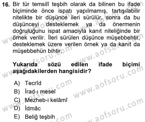 Eski Türk Edebiyatına Giriş: Söz Sanatları Dersi 2024 - 2025 Yılı (Vize) Ara Sınav Soruları 16. Soru