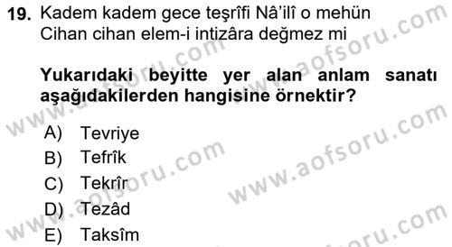 Eski Türk Edebiyatına Giriş: Söz Sanatları Dersi 2024 - 2025 Yılı (Vize) Ara Sınav Soruları 19. Soru