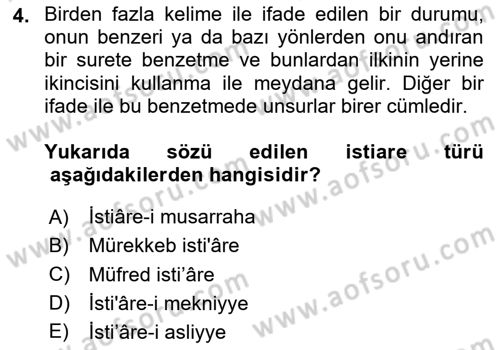 Eski Türk Edebiyatına Giriş: Söz Sanatları Dersi 2024 - 2025 Yılı (Vize) Ara Sınav Soruları 4. Soru