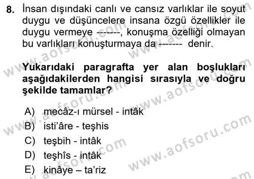 Eski Türk Edebiyatına Giriş: Söz Sanatları Dersi 2024 - 2025 Yılı (Vize) Ara Sınav Soruları 8. Soru