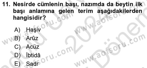 Eski Türk Edebiyatına Giriş: Söz Sanatları Dersi 2024 - 2025 Yılı (Final) Dönem Sonu Sınav Soruları 11. Soru