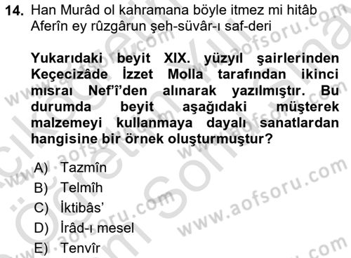 Eski Türk Edebiyatına Giriş: Söz Sanatları Dersi 2024 - 2025 Yılı (Final) Dönem Sonu Sınav Soruları 14. Soru