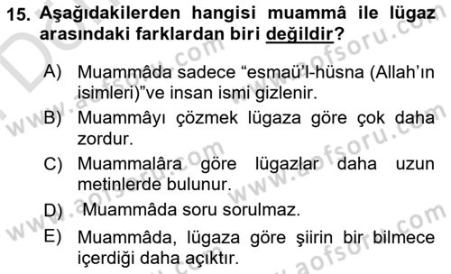 Eski Türk Edebiyatına Giriş: Söz Sanatları Dersi 2024 - 2025 Yılı (Final) Dönem Sonu Sınav Soruları 15. Soru