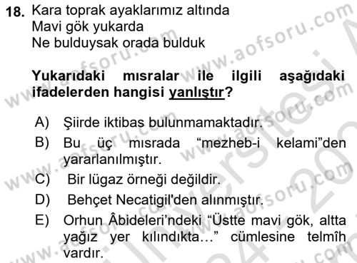 Eski Türk Edebiyatına Giriş: Söz Sanatları Dersi 2024 - 2025 Yılı (Final) Dönem Sonu Sınav Soruları 18. Soru