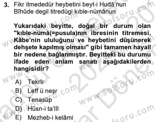 Eski Türk Edebiyatına Giriş: Söz Sanatları Dersi 2024 - 2025 Yılı (Final) Dönem Sonu Sınav Soruları 3. Soru