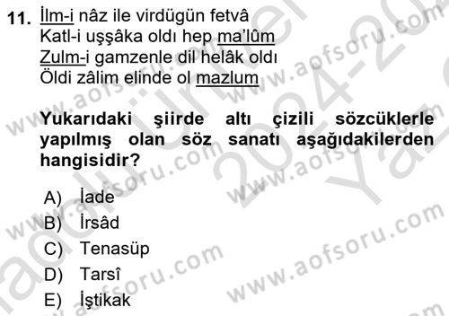 Eski Türk Edebiyatına Giriş: Söz Sanatları Dersi 2024 - 2025 Yılı Yaz Okulu Sınav Soruları 11. Soru
