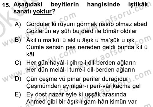 Eski Türk Edebiyatına Giriş: Söz Sanatları Dersi 2024 - 2025 Yılı Yaz Okulu Sınav Soruları 15. Soru