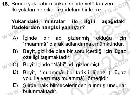 Eski Türk Edebiyatına Giriş: Söz Sanatları Dersi 2024 - 2025 Yılı Yaz Okulu Sınav Soruları 18. Soru