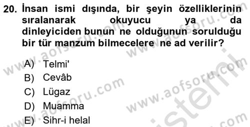 Eski Türk Edebiyatına Giriş: Söz Sanatları Dersi 2024 - 2025 Yılı Yaz Okulu Sınav Soruları 20. Soru