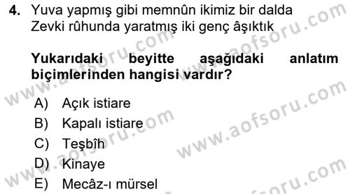 Eski Türk Edebiyatına Giriş: Söz Sanatları Dersi 2024 - 2025 Yılı Yaz Okulu Sınav Soruları 4. Soru