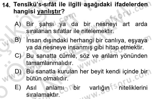 Eski Türk Edebiyatına Giriş: Söz Sanatları Dersi 2025 - 2026 Yılı (Vize) Ara Sınav Soruları 14. Soru