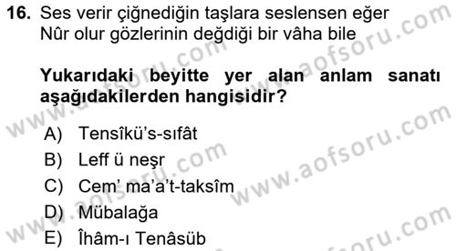 Eski Türk Edebiyatına Giriş: Söz Sanatları Dersi 2025 - 2026 Yılı (Vize) Ara Sınav Soruları 16. Soru