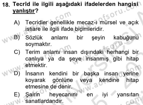 Eski Türk Edebiyatına Giriş: Söz Sanatları Dersi 2025 - 2026 Yılı (Vize) Ara Sınav Soruları 18. Soru