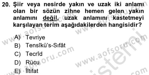 Eski Türk Edebiyatına Giriş: Söz Sanatları Dersi 2025 - 2026 Yılı (Vize) Ara Sınav Soruları 20. Soru