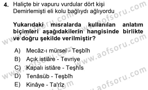Eski Türk Edebiyatına Giriş: Söz Sanatları Dersi 2025 - 2026 Yılı (Vize) Ara Sınav Soruları 4. Soru