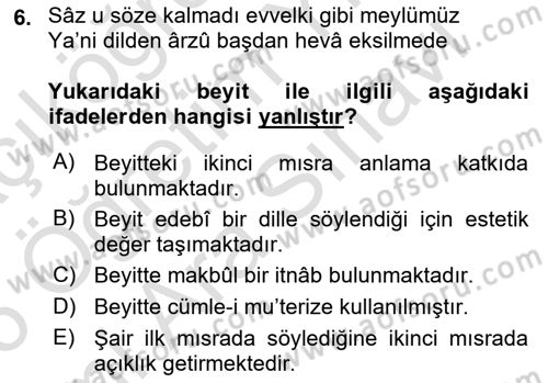 Eski Türk Edebiyatına Giriş: Söz Sanatları Dersi 2025 - 2026 Yılı (Vize) Ara Sınav Soruları 6. Soru