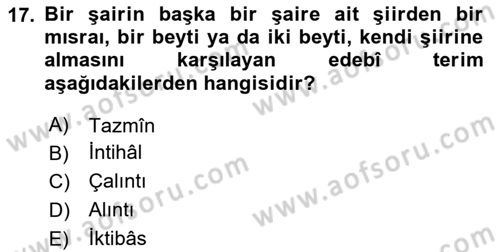 Eski Türk Edebiyatına Giriş: Söz Sanatları Dersi 2025 - 2026 Yılı (Final) Dönem Sonu Sınav Soruları 17. Soru