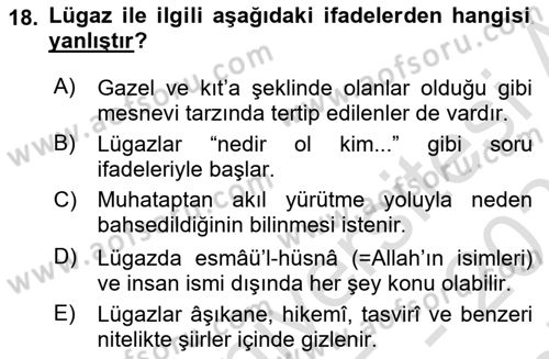 Eski Türk Edebiyatına Giriş: Söz Sanatları Dersi 2025 - 2026 Yılı (Final) Dönem Sonu Sınav Soruları 18. Soru