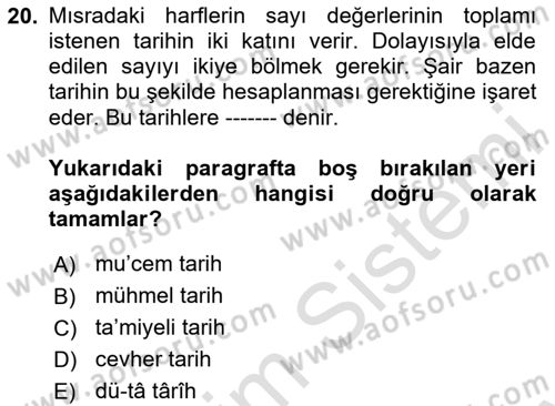 Eski Türk Edebiyatına Giriş: Söz Sanatları Dersi 2025 - 2026 Yılı (Final) Dönem Sonu Sınav Soruları 20. Soru