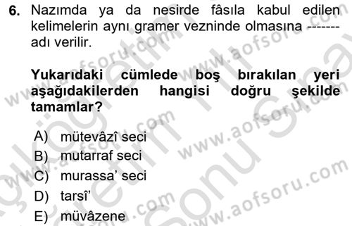 Eski Türk Edebiyatına Giriş: Söz Sanatları Dersi 2025 - 2026 Yılı (Final) Dönem Sonu Sınav Soruları 6. Soru