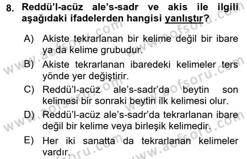 Eski Türk Edebiyatına Giriş: Söz Sanatları Dersi 2025 - 2026 Yılı (Final) Dönem Sonu Sınav Soruları 8. Soru