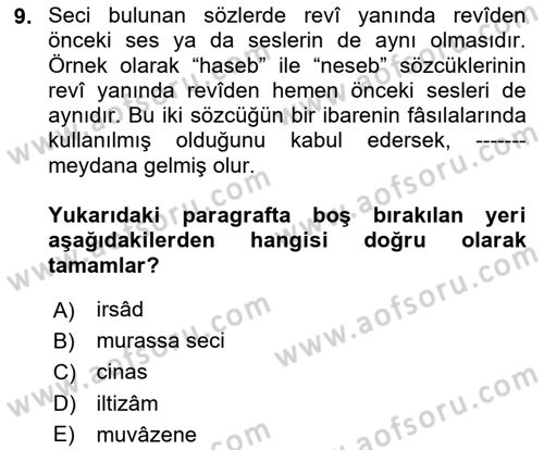 Eski Türk Edebiyatına Giriş: Söz Sanatları Dersi 2025 - 2026 Yılı (Final) Dönem Sonu Sınav Soruları 9. Soru