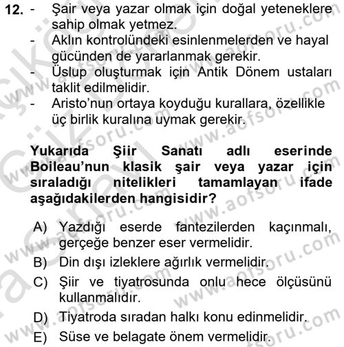 Batı Edebiyatında Akımlar 1 Dersi 2017 - 2018 Yılı (Vize) Ara Sınav Soruları 12. Soru