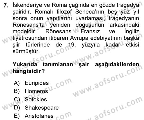 Batı Edebiyatında Akımlar 1 Dersi 2018 - 2019 Yılı (Vize) Ara Sınav Soruları 7. Soru