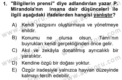 Batı Edebiyatında Akımlar 1 Dersi 2018 - 2019 Yılı (Final) Dönem Sonu Sınav Soruları 1. Soru