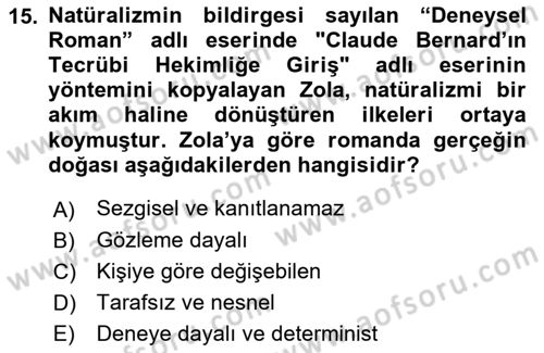 Batı Edebiyatında Akımlar 1 Dersi 2018 - 2019 Yılı (Final) Dönem Sonu Sınav Soruları 15. Soru