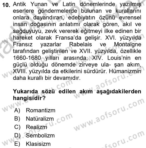 Batı Edebiyatında Akımlar 1 Dersi 2018 - 2019 Yılı Yaz Okulu Sınav Soruları 10. Soru