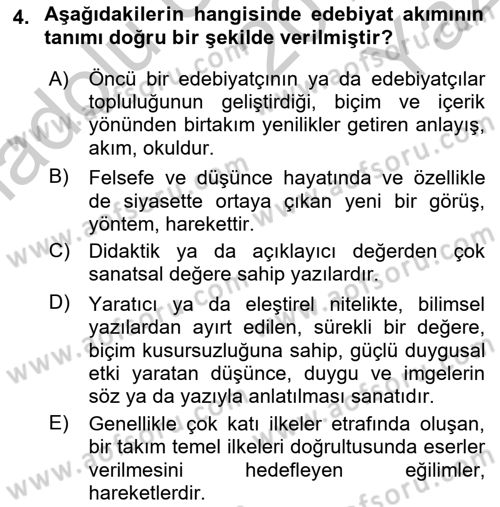 Batı Edebiyatında Akımlar 1 Dersi 2018 - 2019 Yılı Yaz Okulu Sınav Soruları 4. Soru