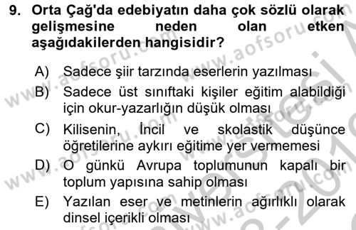 Batı Edebiyatında Akımlar 1 Dersi 2018 - 2019 Yılı Yaz Okulu Sınav Soruları 9. Soru