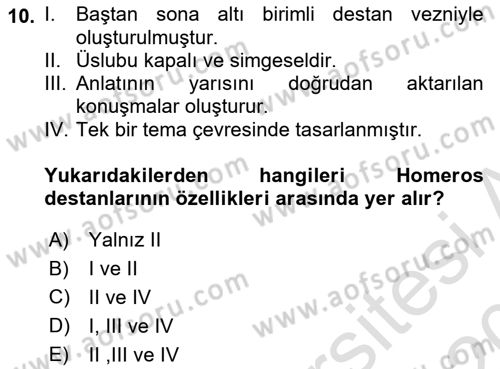 Batı Edebiyatında Akımlar 1 Dersi Ara Sınavı Deneme Sınav Soruları 10. Soru