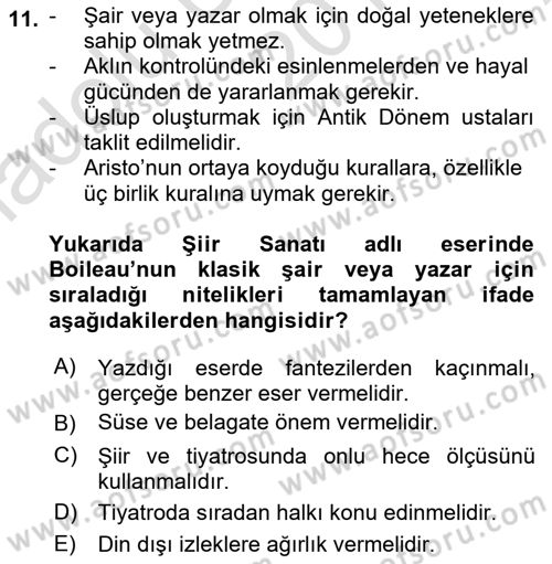 Batı Edebiyatında Akımlar 1 Dersi Ara Sınavı Deneme Sınav Soruları 11. Soru