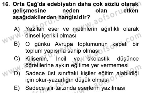 Batı Edebiyatında Akımlar 1 Dersi Ara Sınavı Deneme Sınav Soruları 16. Soru