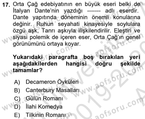 Batı Edebiyatında Akımlar 1 Dersi Ara Sınavı Deneme Sınav Soruları 17. Soru