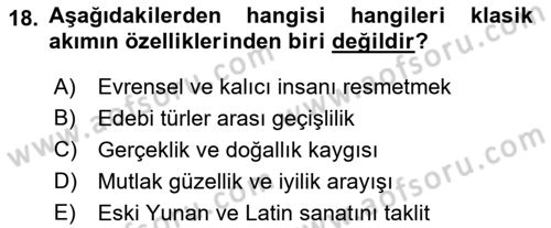 Batı Edebiyatında Akımlar 1 Dersi 2019 - 2020 Yılı (Vize) Ara Sınavı 18. Soru