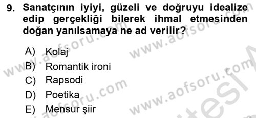 Batı Edebiyatında Akımlar 1 Dersi 2019 - 2020 Yılı (Final) Dönem Sonu Sınavı 9. Soru