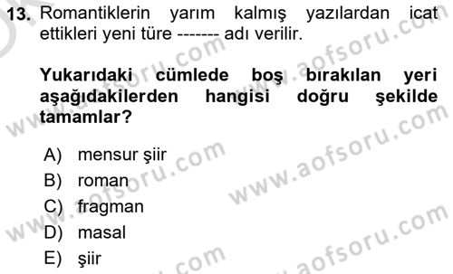 Batı Edebiyatında Akımlar 1 Dersi 2020 - 2021 Yılı Yaz Okulu Sınav Soruları 13. Soru
