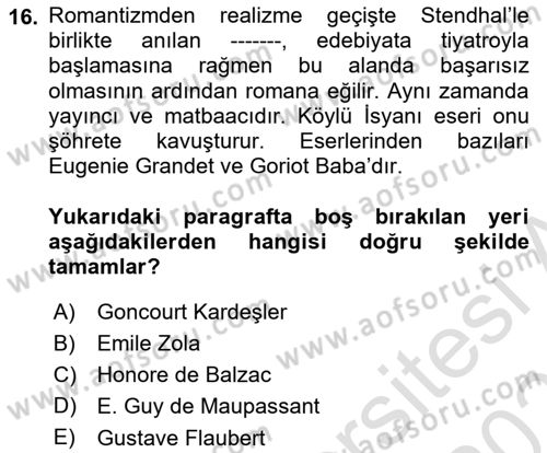 Batı Edebiyatında Akımlar 1 Dersi 2020 - 2021 Yılı Yaz Okulu Sınav Soruları 16. Soru