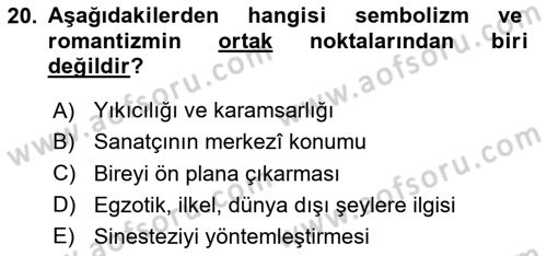 Batı Edebiyatında Akımlar 1 Dersi 2020 - 2021 Yılı Yaz Okulu Sınav Soruları 20. Soru