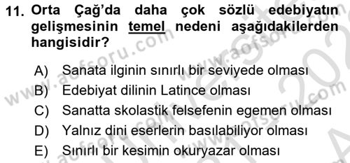 Batı Edebiyatında Akımlar 1 Dersi 2021 - 2022 Yılı (Vize) Ara Sınav Soruları 11. Soru