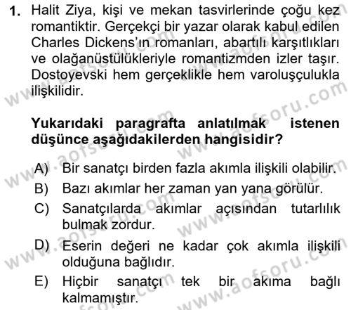Batı Edebiyatında Akımlar 1 Dersi 2021 - 2022 Yılı (Final) Dönem Sonu Sınav Soruları 1. Soru