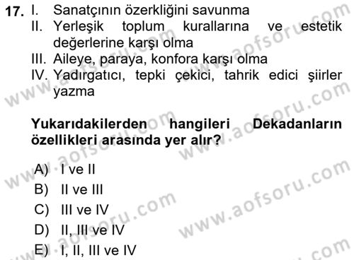 Batı Edebiyatında Akımlar 1 Dersi 2021 - 2022 Yılı (Final) Dönem Sonu Sınav Soruları 17. Soru