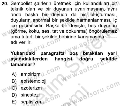 Batı Edebiyatında Akımlar 1 Dersi 2021 - 2022 Yılı (Final) Dönem Sonu Sınav Soruları 20. Soru