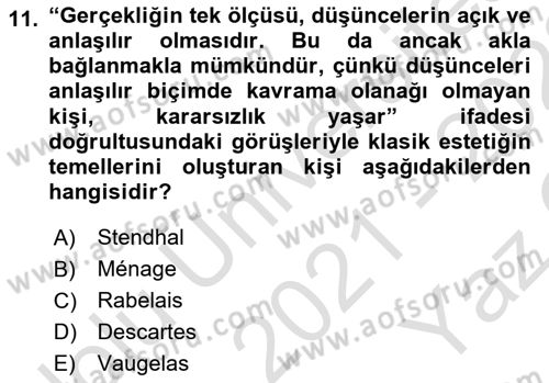 Batı Edebiyatında Akımlar 1 Dersi 2021 - 2022 Yılı Yaz Okulu Sınav Soruları 11. Soru
