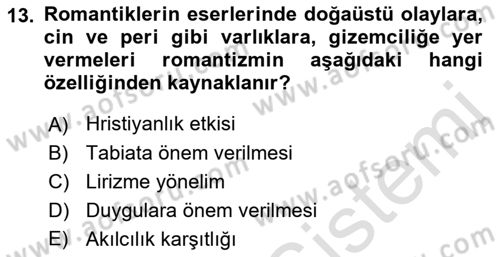 Batı Edebiyatında Akımlar 1 Dersi 2021 - 2022 Yılı Yaz Okulu Sınavı 13. Soru